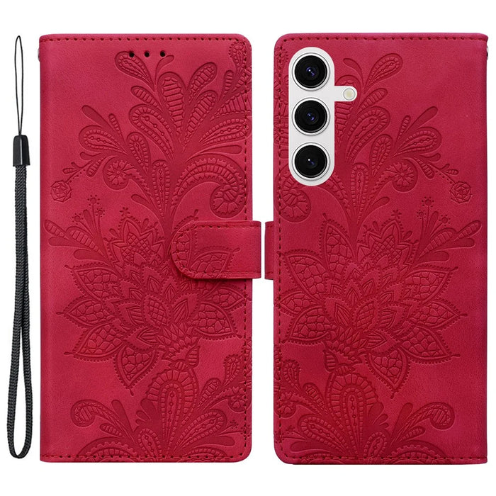 For Samsung Galaxy S24 FE Case Imprinted Lace Flowers PU Leather Wallet Phone Cover - Red - 1
