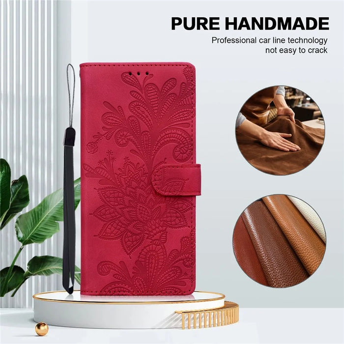 For Samsung Galaxy S24 FE Case Imprinted Lace Flowers PU Leather Wallet Phone Cover - Red - 5