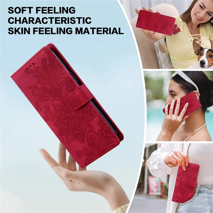 For Samsung Galaxy S24 FE Case Imprinted Lace Flowers PU Leather Wallet Phone Cover - Red - 6