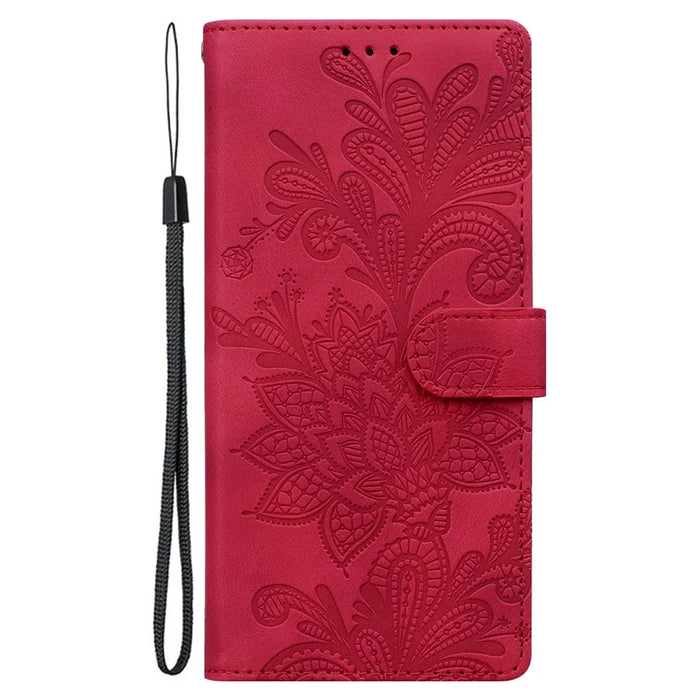 For Samsung Galaxy S24 FE Case Imprinted Lace Flowers PU Leather Wallet Phone Cover - Red - 7