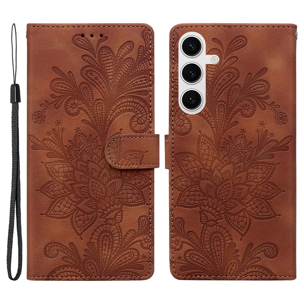For Samsung Galaxy S25  /  S24 Case Imprinted Lace Flowers PU Leather Wallet Phone Cover - Brown - 1
