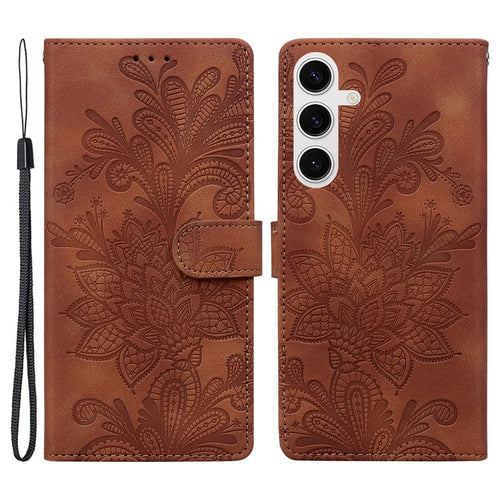 For Samsung Galaxy S25  /  S24 Case Imprinted Lace Flowers PU Leather Wallet Phone Cover - Brown - 1