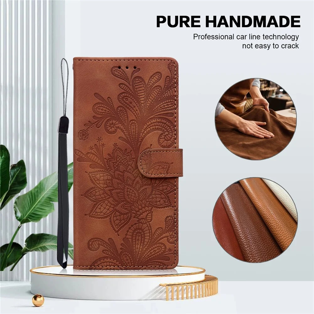 For Samsung Galaxy S25  /  S24 Case Imprinted Lace Flowers PU Leather Wallet Phone Cover - Brown - 5