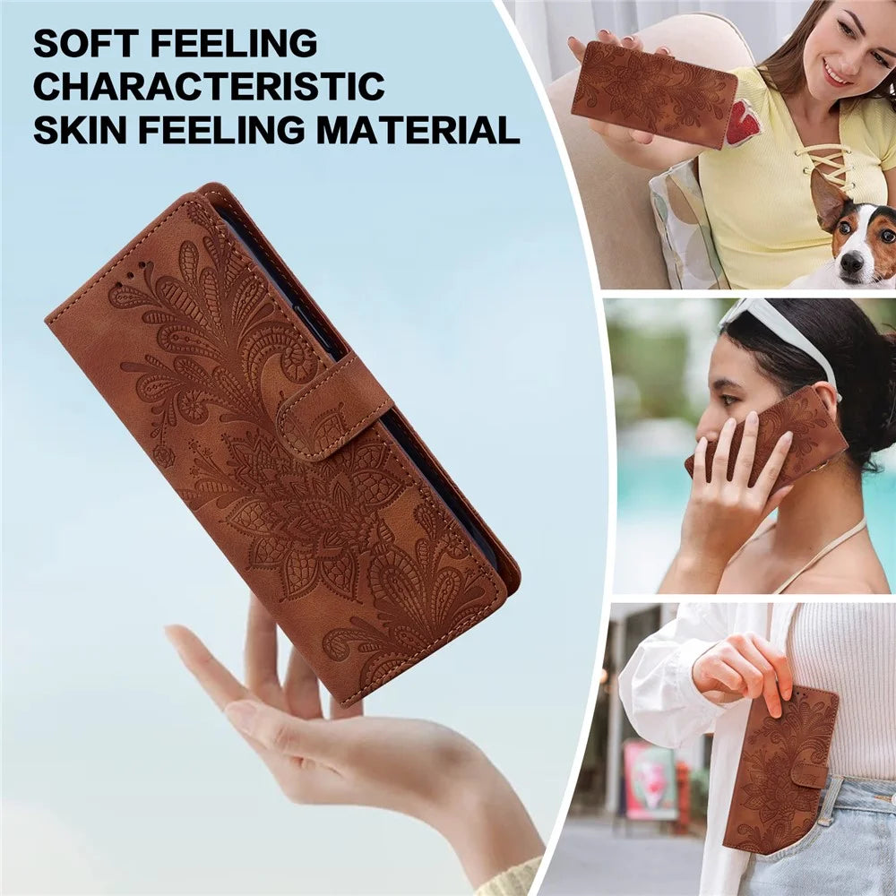 For Samsung Galaxy S25  /  S24 Case Imprinted Lace Flowers PU Leather Wallet Phone Cover - Brown - 6