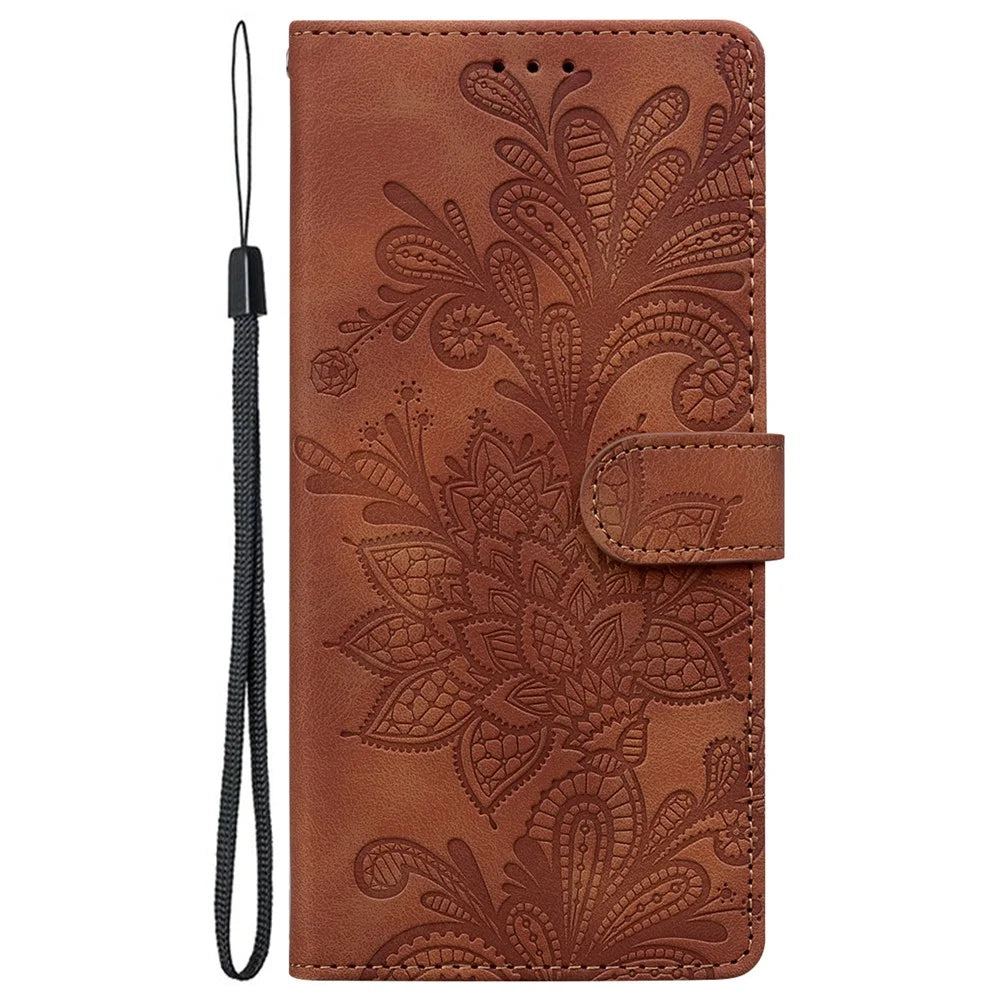 For Samsung Galaxy S25  /  S24 Case Imprinted Lace Flowers PU Leather Wallet Phone Cover - Brown - 7