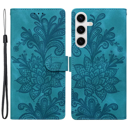 For Samsung Galaxy S25+  /  S24+ Case Imprinted Lace Flowers PU Leather Wallet Phone Cover - Green - 1