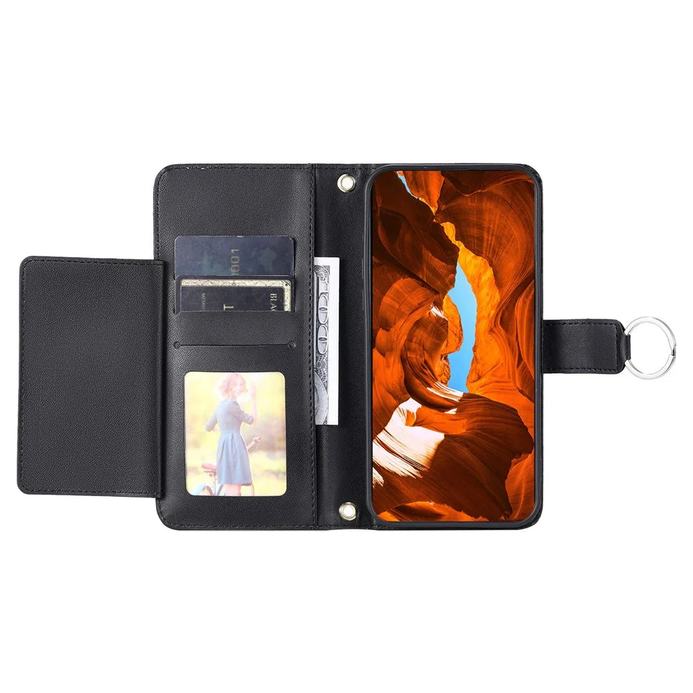 For Samsung Galaxy S25+ Crossbody Leather Case Ring Buckle Wallet Stand Rhombus Mobile Cover - Black - 3