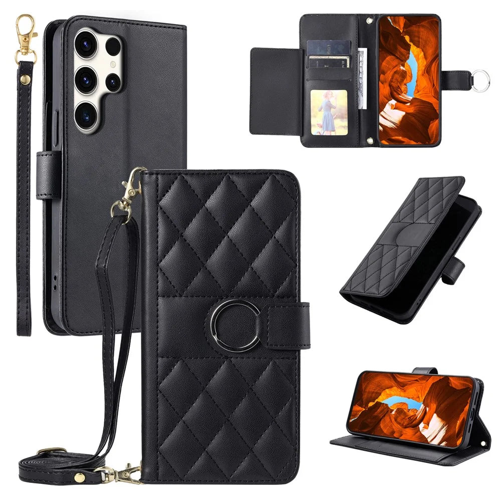 For Samsung Galaxy S25 Ultra Crossbody Leather Case Ring Buckle Wallet Stand Rhombus Mobile Cover - Black - 1