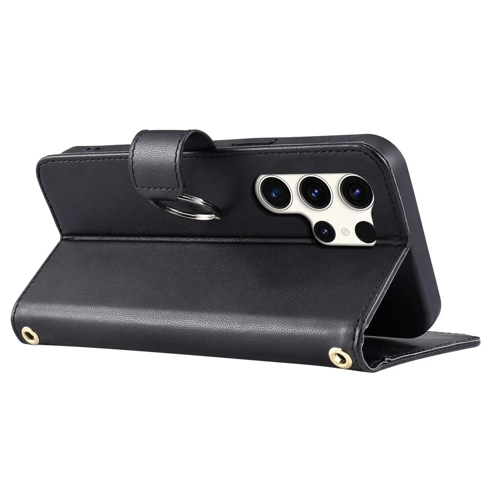 For Samsung Galaxy S25 Ultra Crossbody Leather Case Ring Buckle Wallet Stand Rhombus Mobile Cover - Black - 4