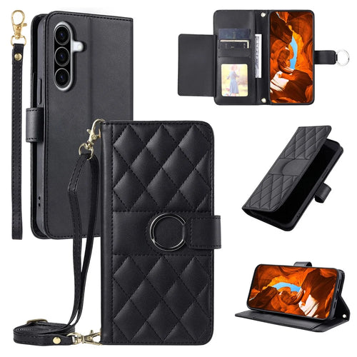 For Samsung Galaxy A36 5G Crossbody Leather Case Ring Buckle Wallet Stand Rhombus Mobile Cover - Black - 1