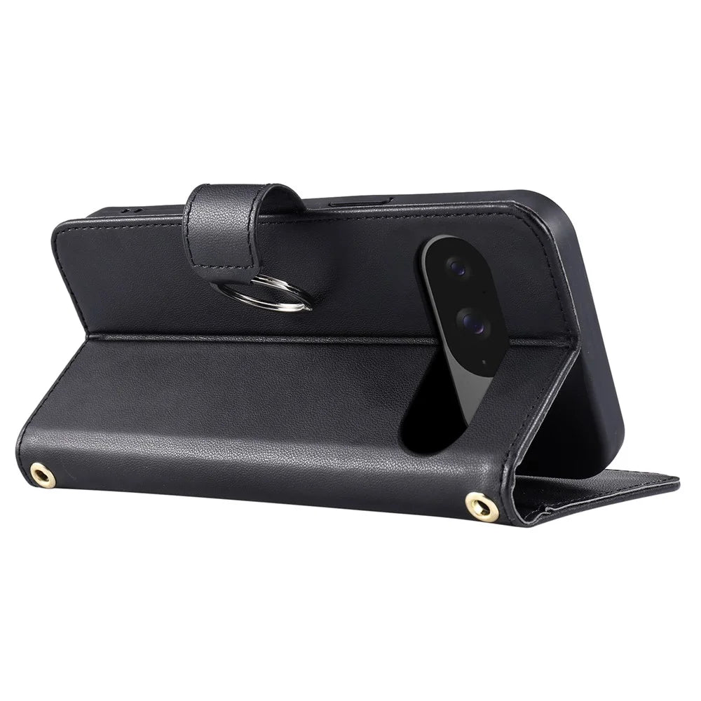 For Google Pixel 9 / 9 Pro Crossbody Leather Case Ring Buckle Wallet Stand Rhombus Mobile Cover - Black - 4