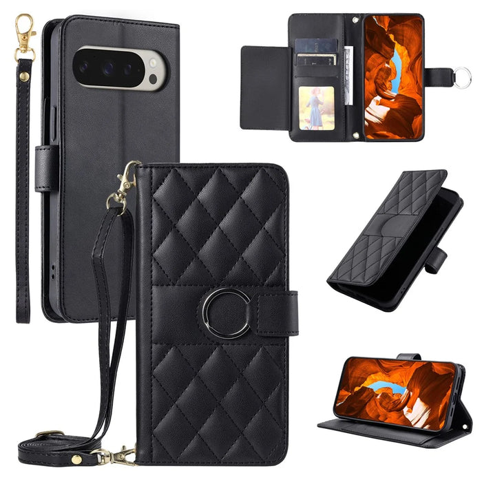 For Google Pixel 9 Pro XL Crossbody Leather Case Ring Buckle Wallet Stand Rhombus Mobile Cover - Black - 1