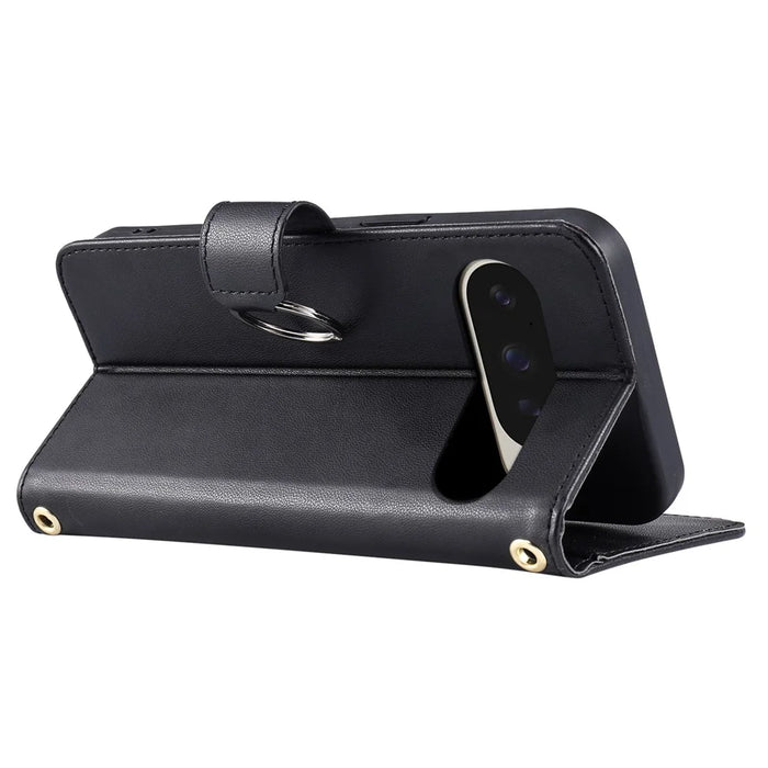 For Google Pixel 9 Pro XL Crossbody Leather Case Ring Buckle Wallet Stand Rhombus Mobile Cover - Black - 4