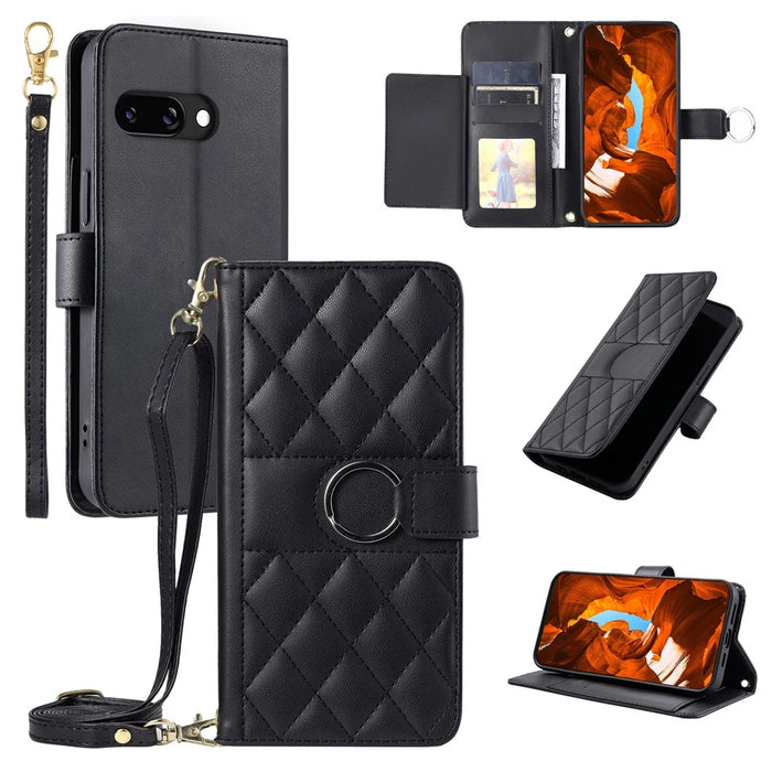 For Google Pixel 9a Crossbody Leather Case Ring Buckle Wallet Stand Rhombus Mobile Cover - Black - 1