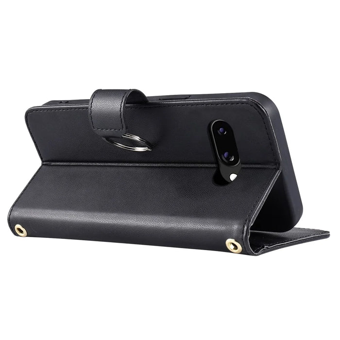 For Google Pixel 9a Crossbody Leather Case Ring Buckle Wallet Stand Rhombus Mobile Cover - Black - 4