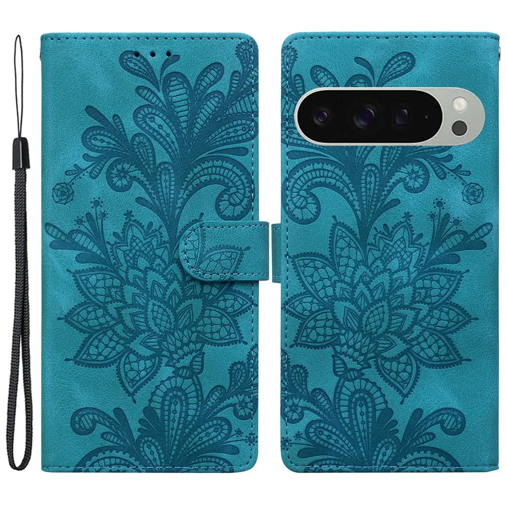 For Google Pixel 9 Pro  /  Pixel 9 Case Imprinted Lace Flowers PU Leather Wallet Phone Cover - Green - 1