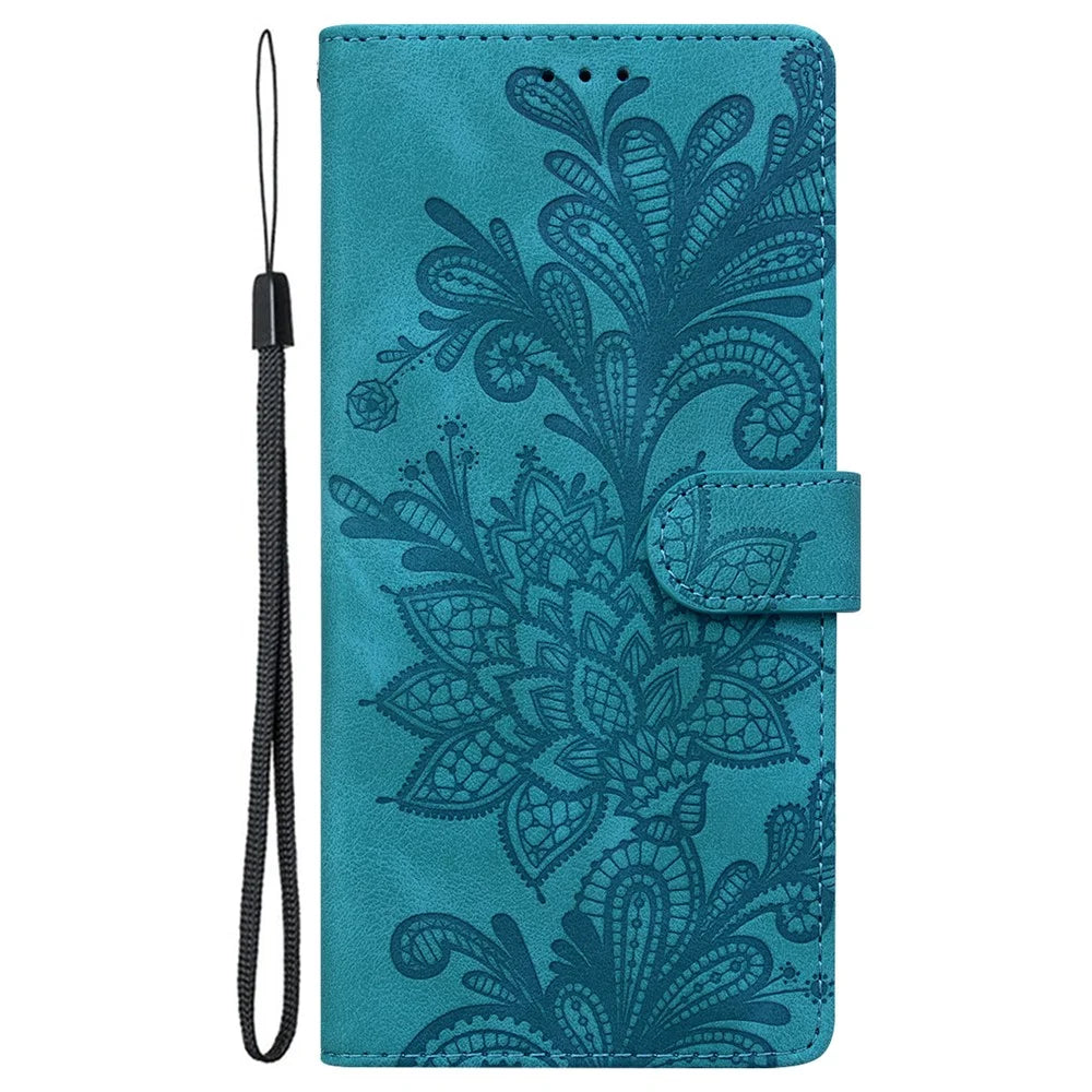 For Google Pixel 9 Pro  /  Pixel 9 Case Imprinted Lace Flowers PU Leather Wallet Phone Cover - Green - 7