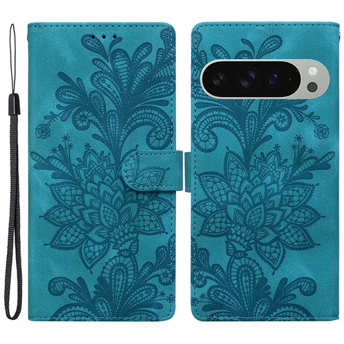 For Google Pixel 9 Pro XL Case Imprinted Lace Flowers PU Leather Wallet Phone Cover - Green - 1