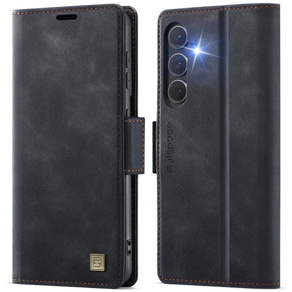 AUTSPACE For Samsung Galaxy S24 Case  A11 RFID Blocking Retro Leather Cell Phone Wallet Cover - Black - 1