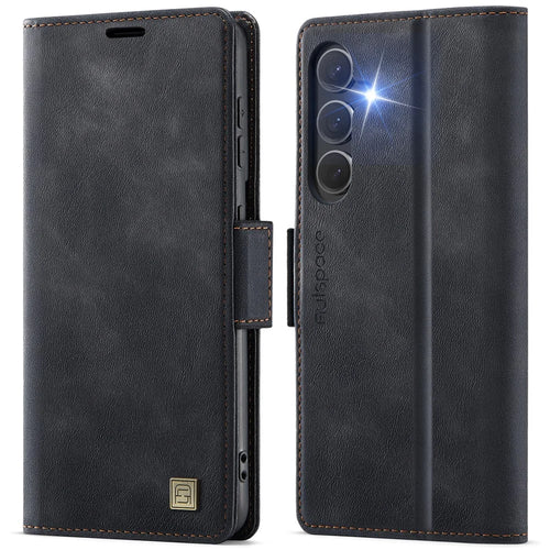 AUTSPACE For Samsung Galaxy S24 Case  A11 RFID Blocking Retro Leather Cell Phone Wallet Cover - Black - 1
