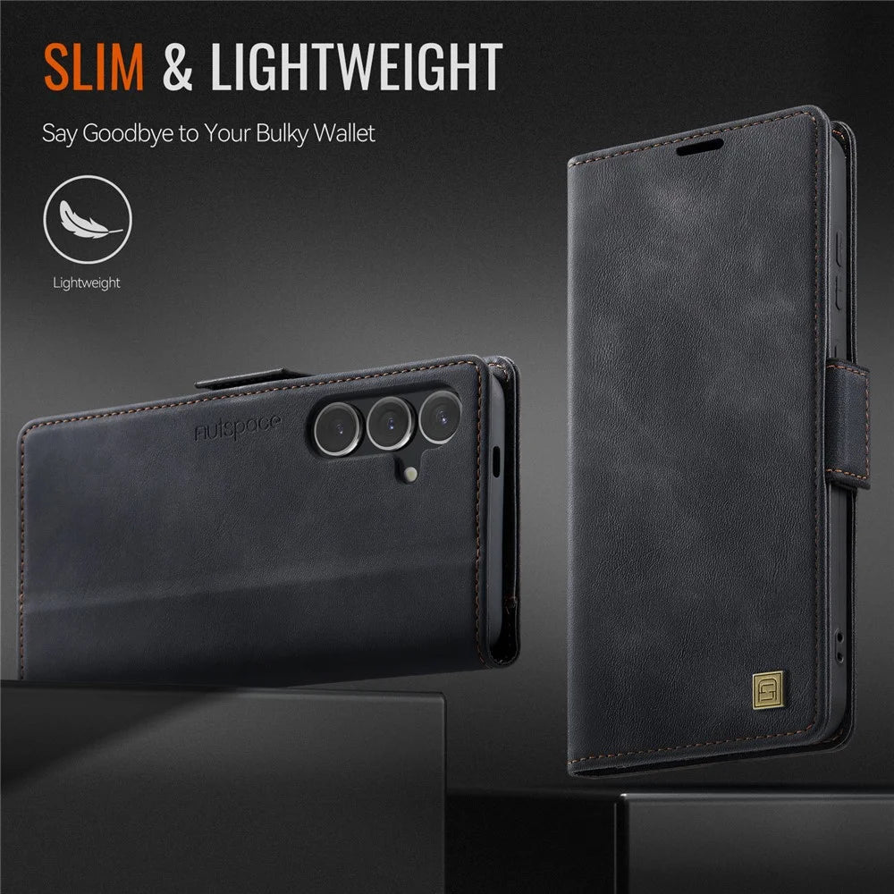 AUTSPACE For Samsung Galaxy S24 Case  A11 RFID Blocking Retro Leather Cell Phone Wallet Cover - Black - 7