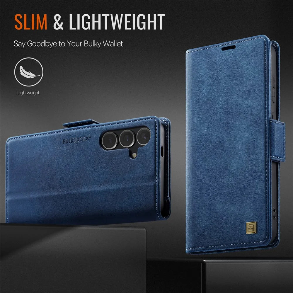 AUTSPACE For Samsung Galaxy S24+ Case  A11 RFID Blocking Retro Leather Cell Phone Wallet Cover - Blue - 7