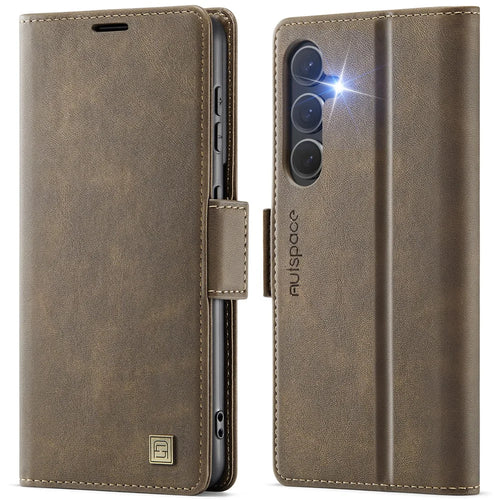 AUTSPACE For Samsung Galaxy S23 FE Case  A11 RFID Blocking Retro Leather Cell Phone Wallet Cover - Brown - 1