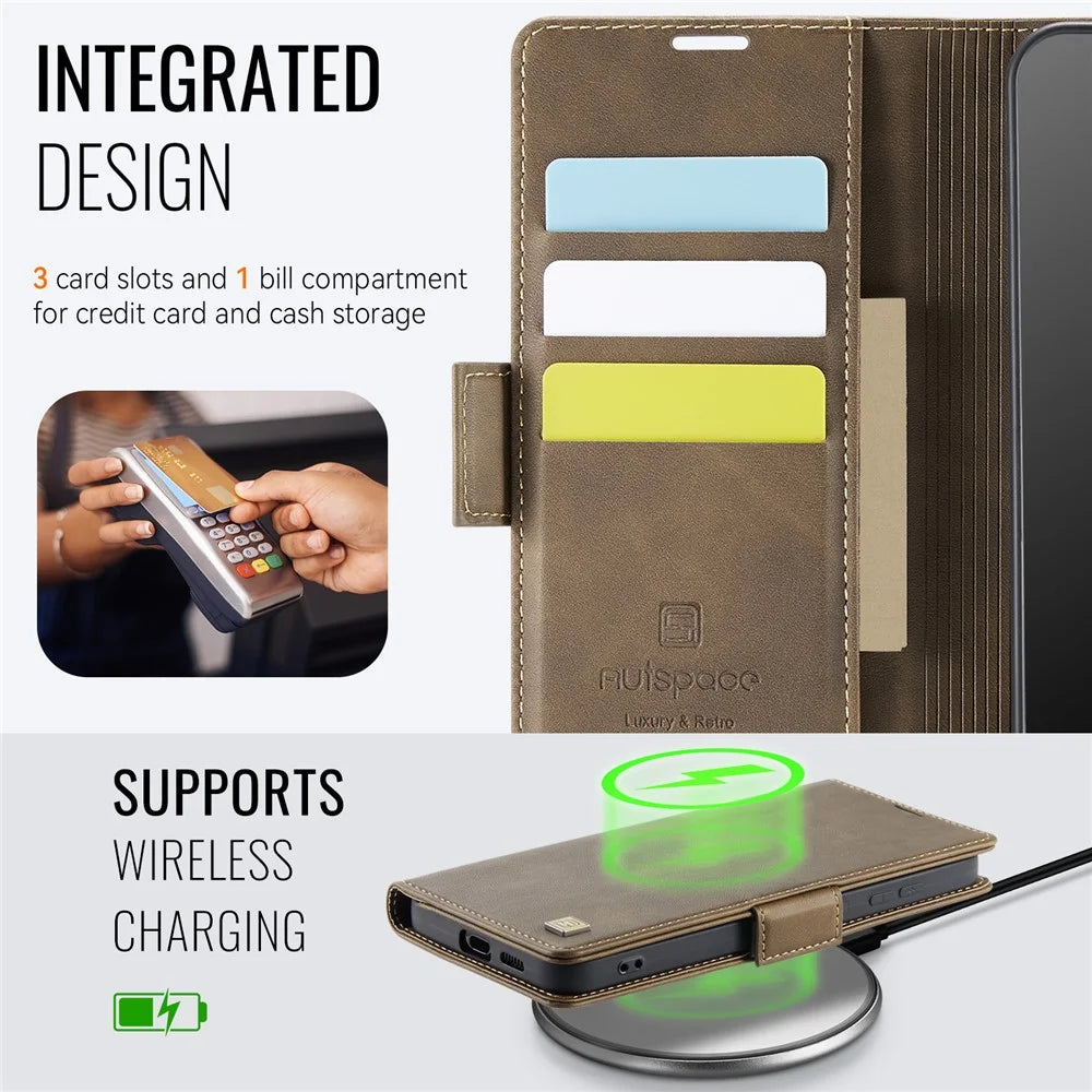 AUTSPACE For Samsung Galaxy S23 FE Case  A11 RFID Blocking Retro Leather Cell Phone Wallet Cover - Brown - 5