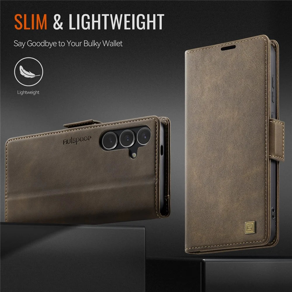 AUTSPACE For Samsung Galaxy S23 FE Case  A11 RFID Blocking Retro Leather Cell Phone Wallet Cover - Brown - 7