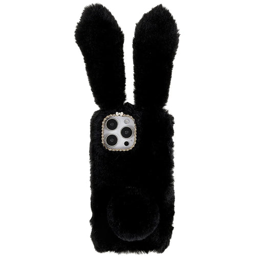 For iPhone 14 Pro Cute 3D Bunny Ears Furry Winter Warm Case Anti-fall TPU Protective Phone Cover with Glitter Rhinestone Bowknot - Black - 1