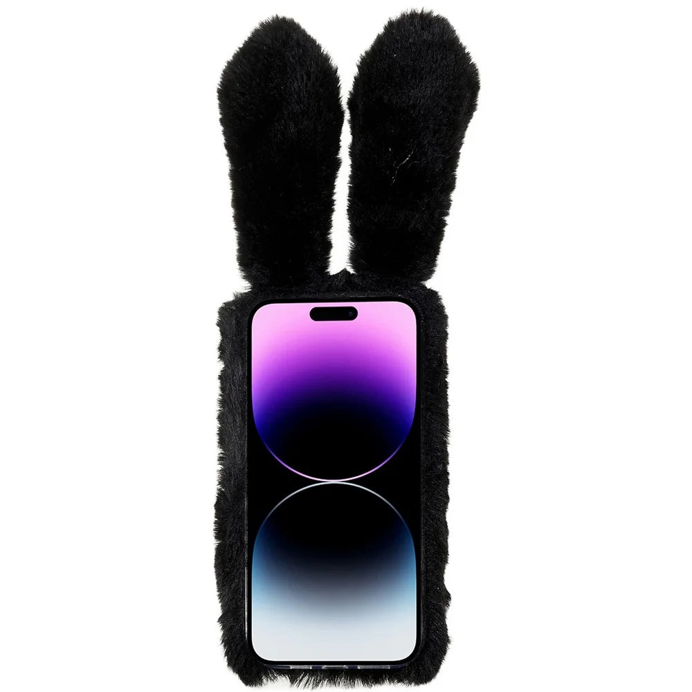 For iPhone 14 Pro Cute 3D Bunny Ears Furry Winter Warm Case Anti-fall TPU Protective Phone Cover with Glitter Rhinestone Bowknot - Black - 2