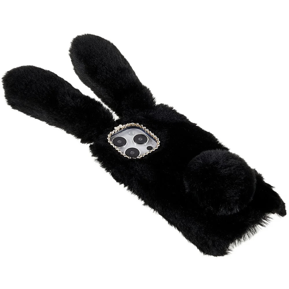 For iPhone 14 Pro Cute 3D Bunny Ears Furry Winter Warm Case Anti-fall TPU Protective Phone Cover with Glitter Rhinestone Bowknot - Black - 3