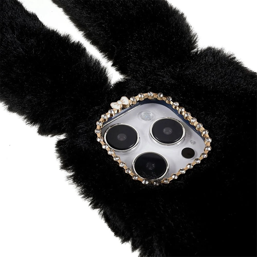For iPhone 14 Pro Cute 3D Bunny Ears Furry Winter Warm Case Anti-fall TPU Protective Phone Cover with Glitter Rhinestone Bowknot - Black - 4