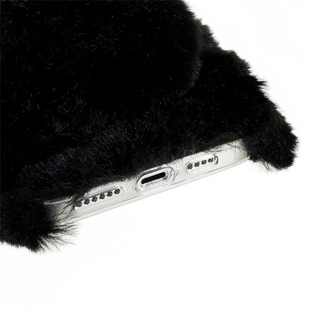 For iPhone 14 Pro Cute 3D Bunny Ears Furry Winter Warm Case Anti-fall TPU Protective Phone Cover with Glitter Rhinestone Bowknot - Black - 5
