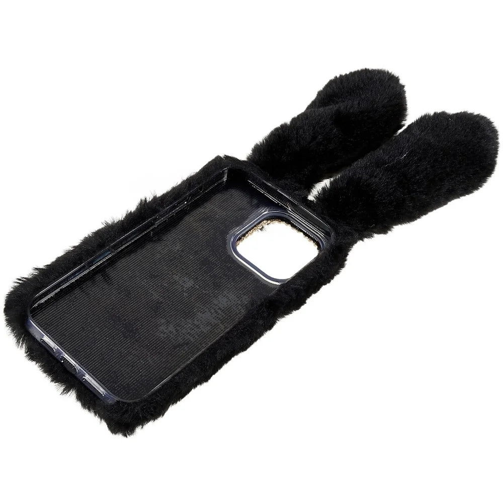 For iPhone 14 Pro Cute 3D Bunny Ears Furry Winter Warm Case Anti-fall TPU Protective Phone Cover with Glitter Rhinestone Bowknot - Black - 6