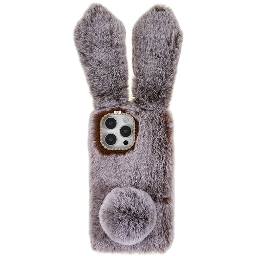 For iPhone 14 Pro Max Cute 3D Bunny Ears Furry Winter Warm Case Drop Resistant TPU Protective Phone Cover with Glitter Rhinestone Bowknot - Brown - 1