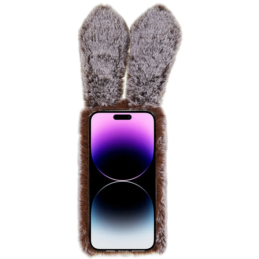 For iPhone 14 Pro Max Cute 3D Bunny Ears Furry Winter Warm Case Drop Resistant TPU Protective Phone Cover with Glitter Rhinestone Bowknot - Brown - 2