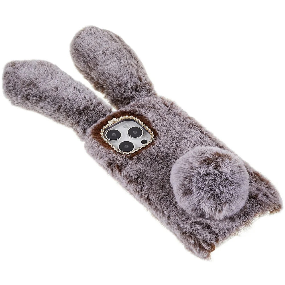 For iPhone 14 Pro Max Cute 3D Bunny Ears Furry Winter Warm Case Drop Resistant TPU Protective Phone Cover with Glitter Rhinestone Bowknot - Brown - 3