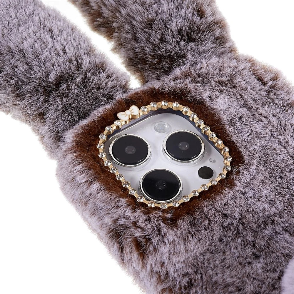 For iPhone 14 Pro Max Cute 3D Bunny Ears Furry Winter Warm Case Drop Resistant TPU Protective Phone Cover with Glitter Rhinestone Bowknot - Brown - 4