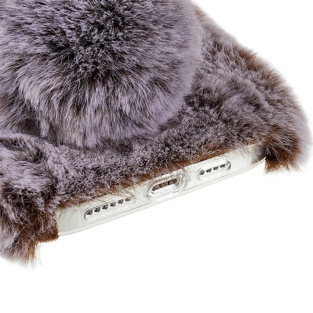 For iPhone 14 Pro Max Cute 3D Bunny Ears Furry Winter Warm Case Drop Resistant TPU Protective Phone Cover with Glitter Rhinestone Bowknot - Brown - 5
