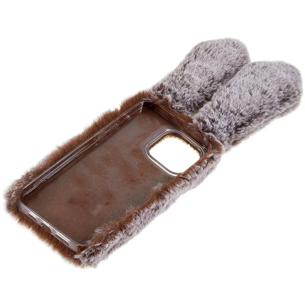 For iPhone 14 Pro Max Cute 3D Bunny Ears Furry Winter Warm Case Drop Resistant TPU Protective Phone Cover with Glitter Rhinestone Bowknot - Brown - 6