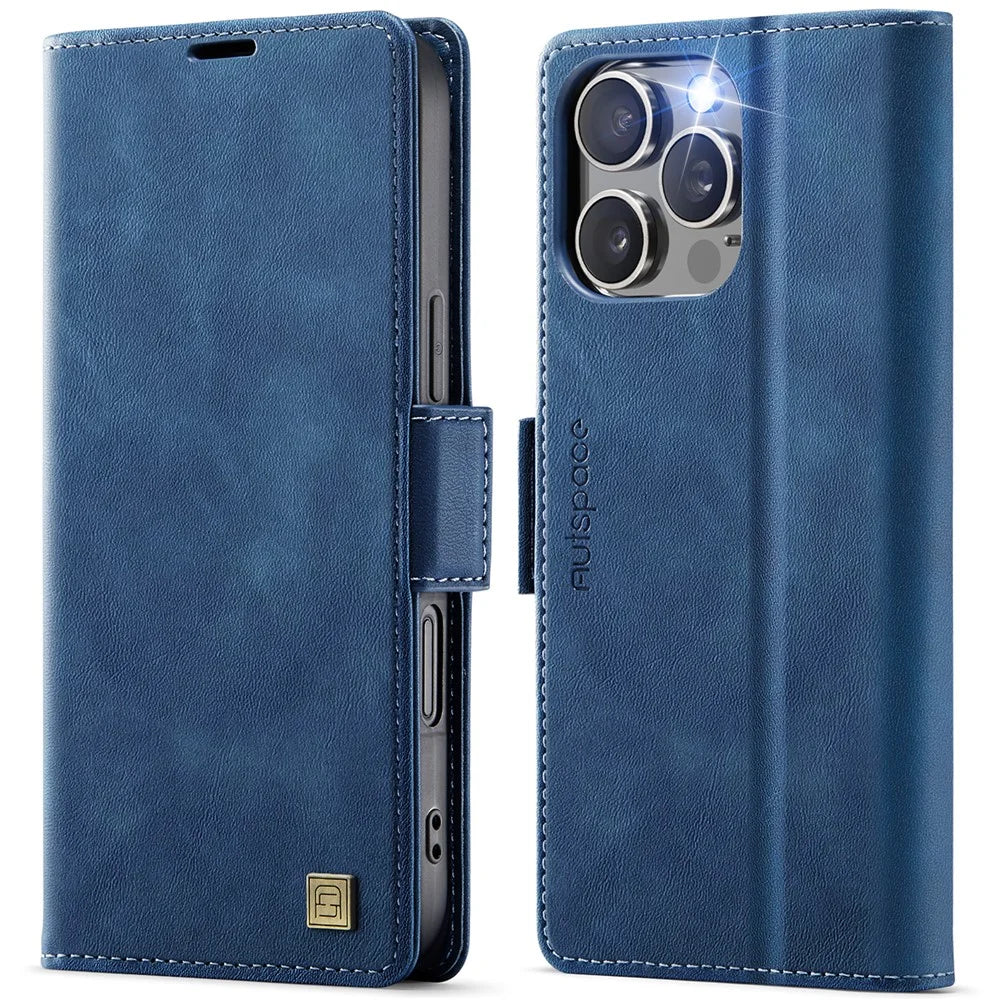AUTSPACE For iPhone 16 Pro Case  A11 RFID Blocking Retro Leather Cell Phone Wallet Cover - Blue - 1