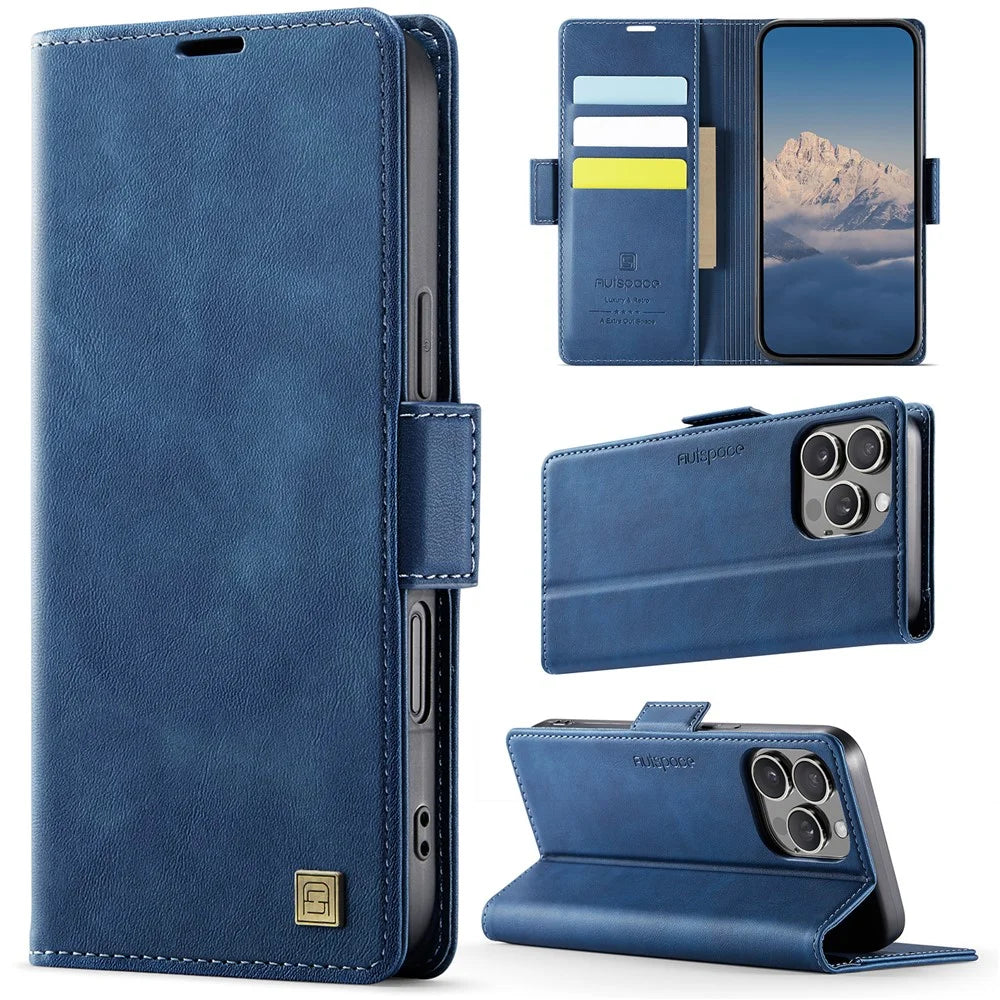 AUTSPACE For iPhone 16 Pro Case  A11 RFID Blocking Retro Leather Cell Phone Wallet Cover - Blue - 2