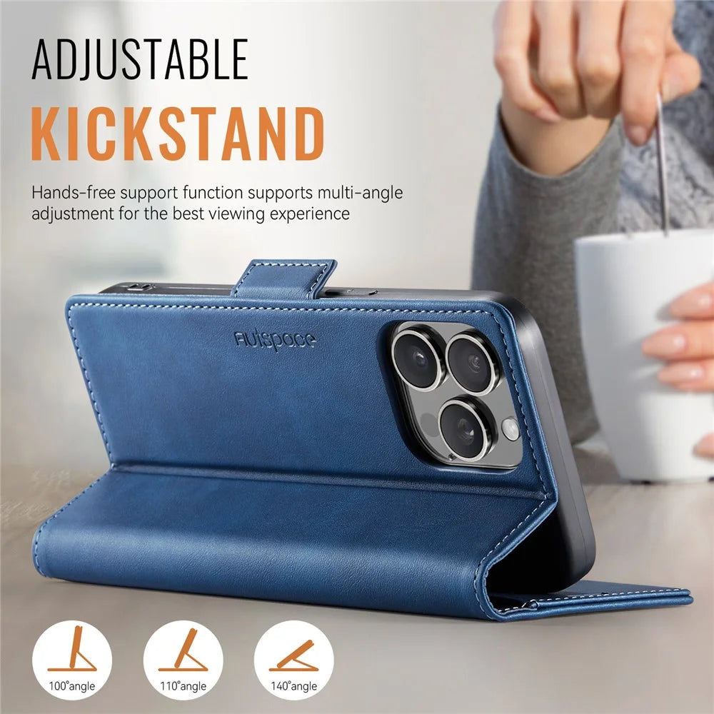 AUTSPACE For iPhone 16 Pro Case  A11 RFID Blocking Retro Leather Cell Phone Wallet Cover - Blue - 3