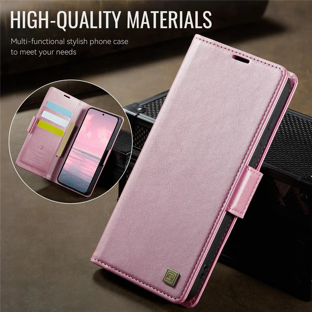 AUTSPACE For Samsung Galaxy S24 FE Case  A11 RFID Blocking Retro Leather Cell Phone Wallet Cover - Pink - 4
