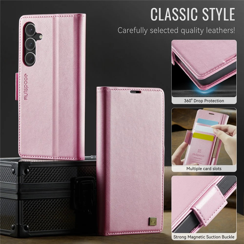 AUTSPACE For Samsung Galaxy S24 FE Case  A11 RFID Blocking Retro Leather Cell Phone Wallet Cover - Pink - 7