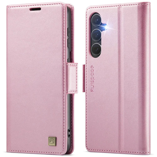 AUTSPACE For Samsung Galaxy S25 Case  A11 RFID Blocking Retro Leather Cell Phone Wallet Cover - Pink - 1