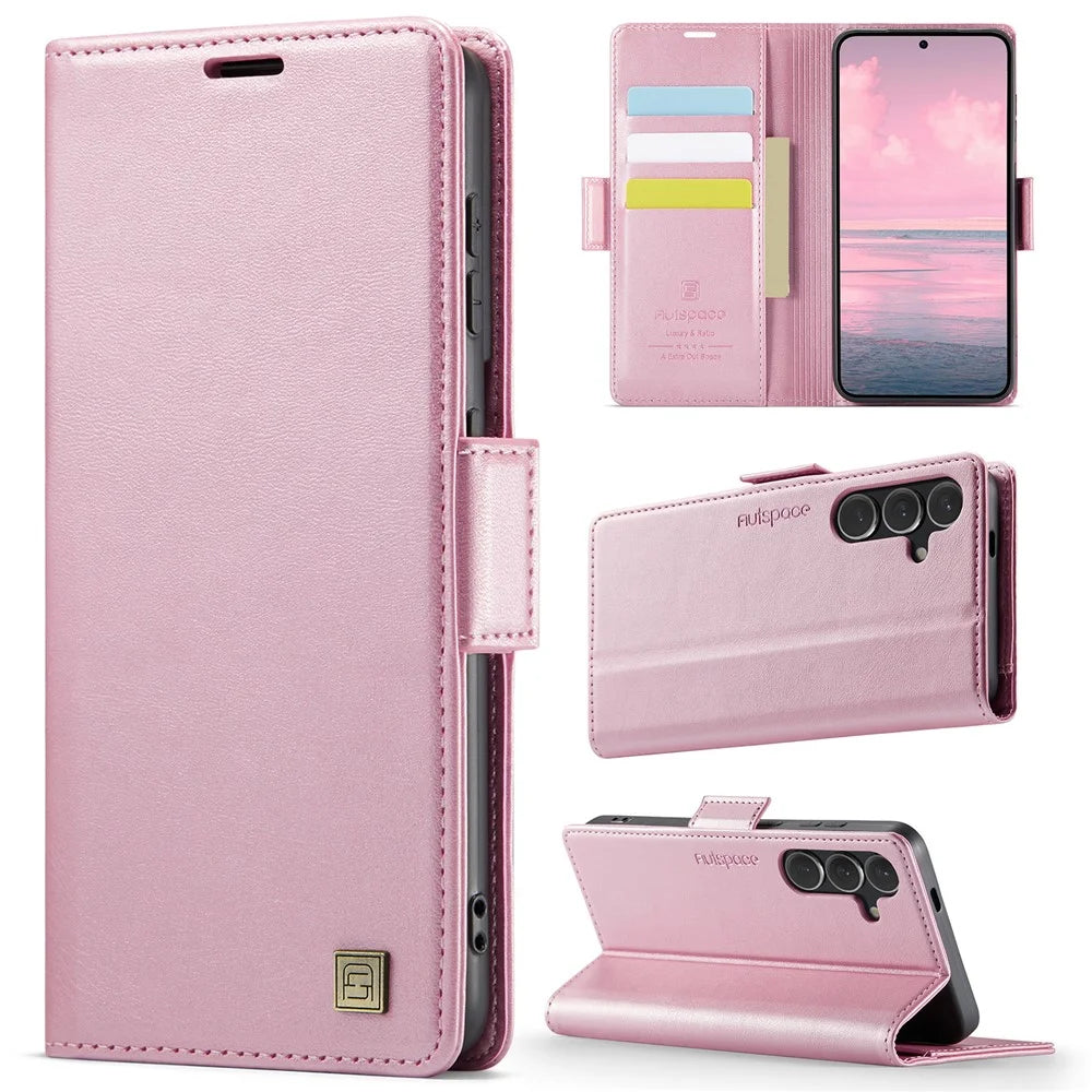 AUTSPACE For Samsung Galaxy S25 Case  A11 RFID Blocking Retro Leather Cell Phone Wallet Cover - Pink - 2