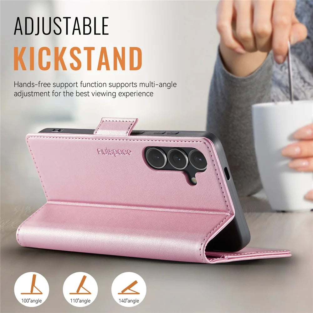 AUTSPACE For Samsung Galaxy S25 Case  A11 RFID Blocking Retro Leather Cell Phone Wallet Cover - Pink - 3