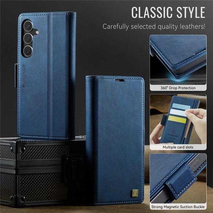 AUTSPACE For Samsung Galaxy S25+ Case  A11 RFID Blocking Retro Leather Cell Phone Wallet Cover - Blue - 7